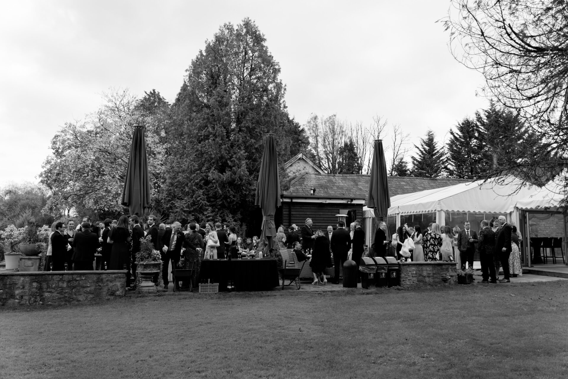 A black and white photo shows people mingling outside at a fancy garden event. You can see a building and big tents in the background.