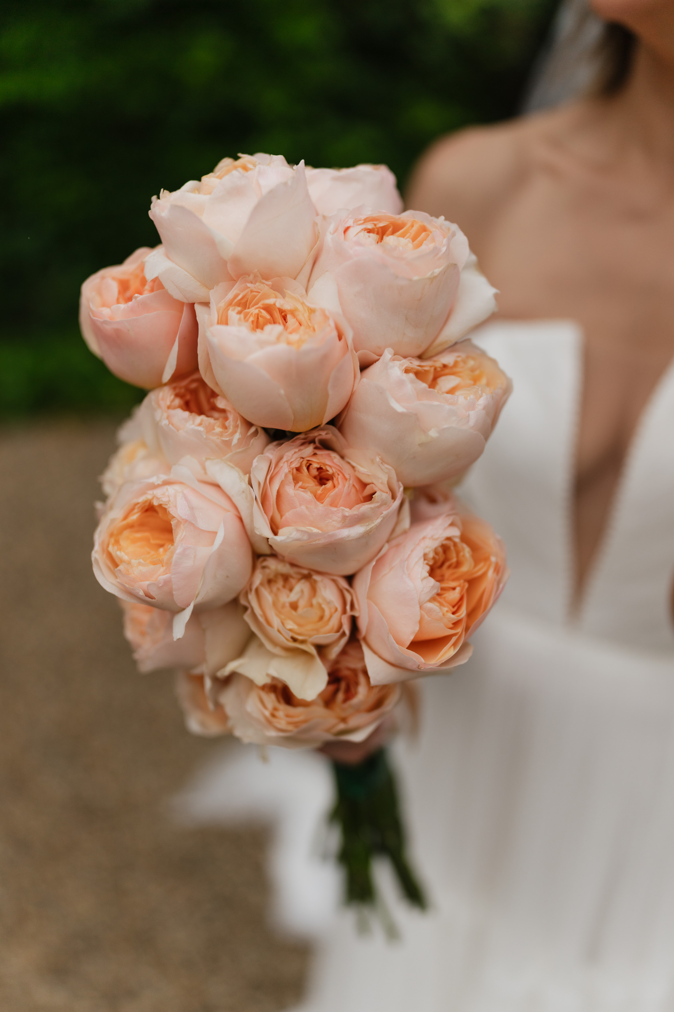 A bride wearing a white dress is holding a bunch of light pink and peach roses.