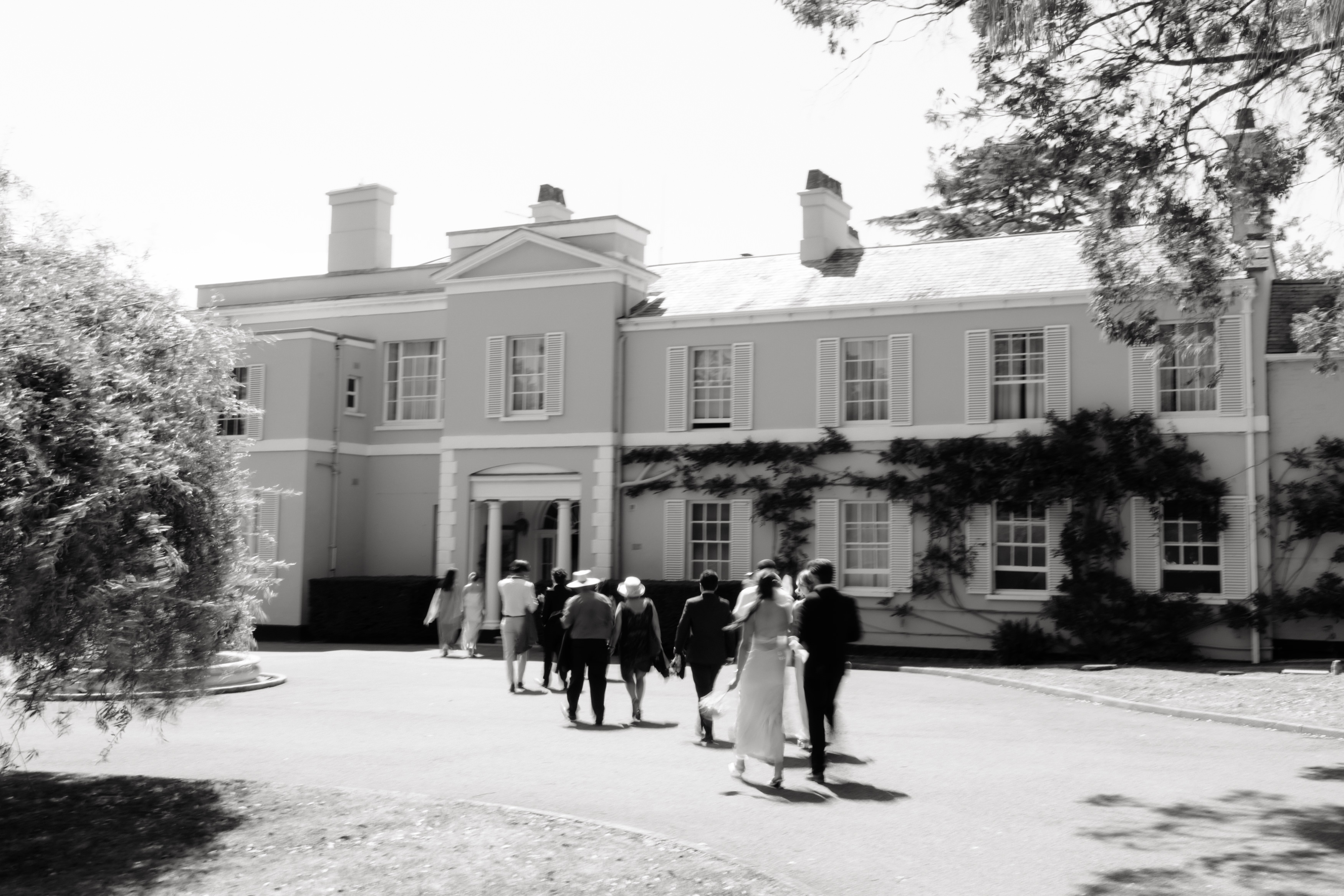 Several people dressed in suits and smart clothes are walking towards a large, light building that has columns and walls covered in ivy.