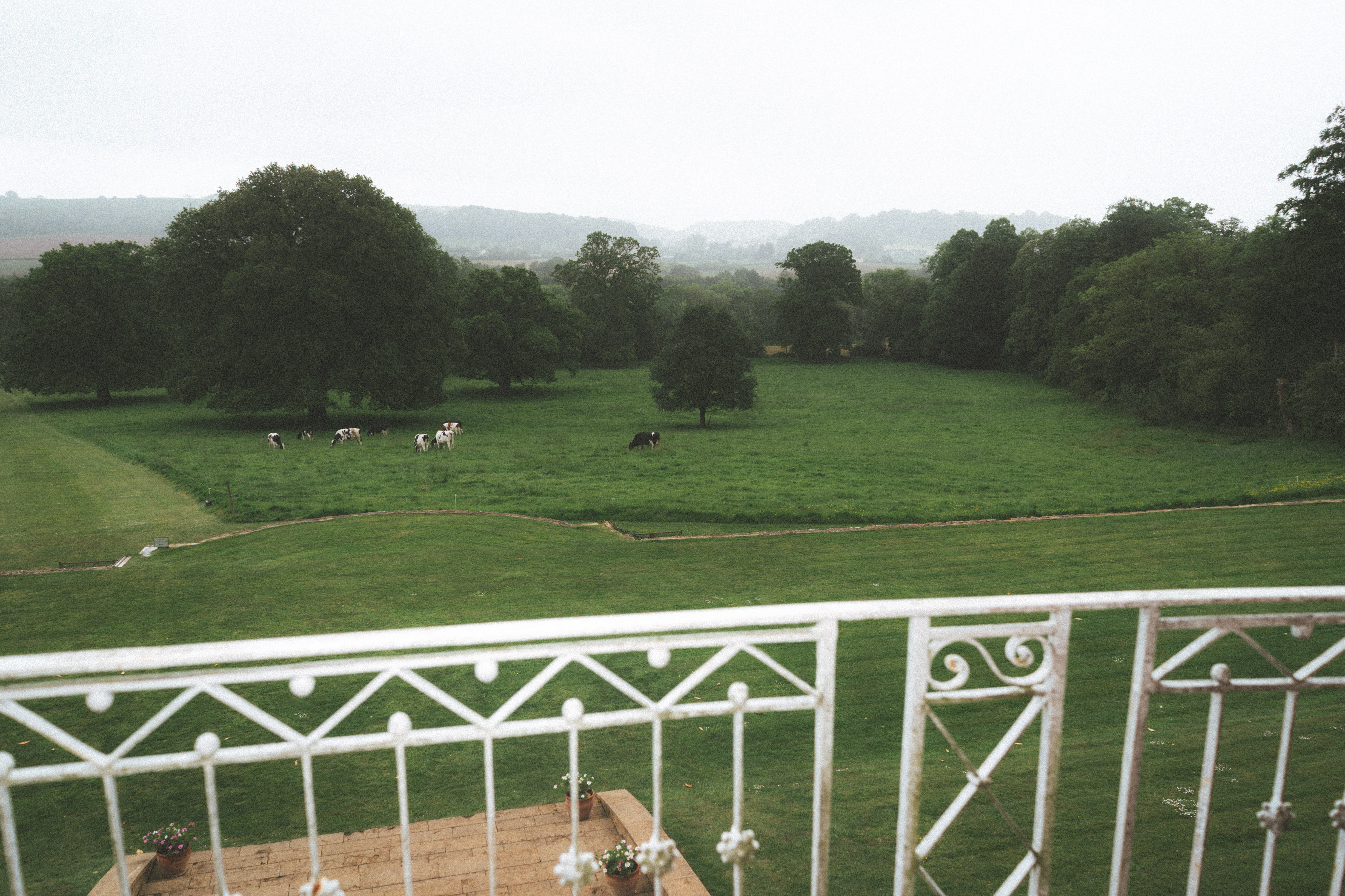 Looking out from a white metal balcony, you can see a green grassy field with some cows here and there, surrounded by trees and hills in the distance, all beneath a cloudy sky.