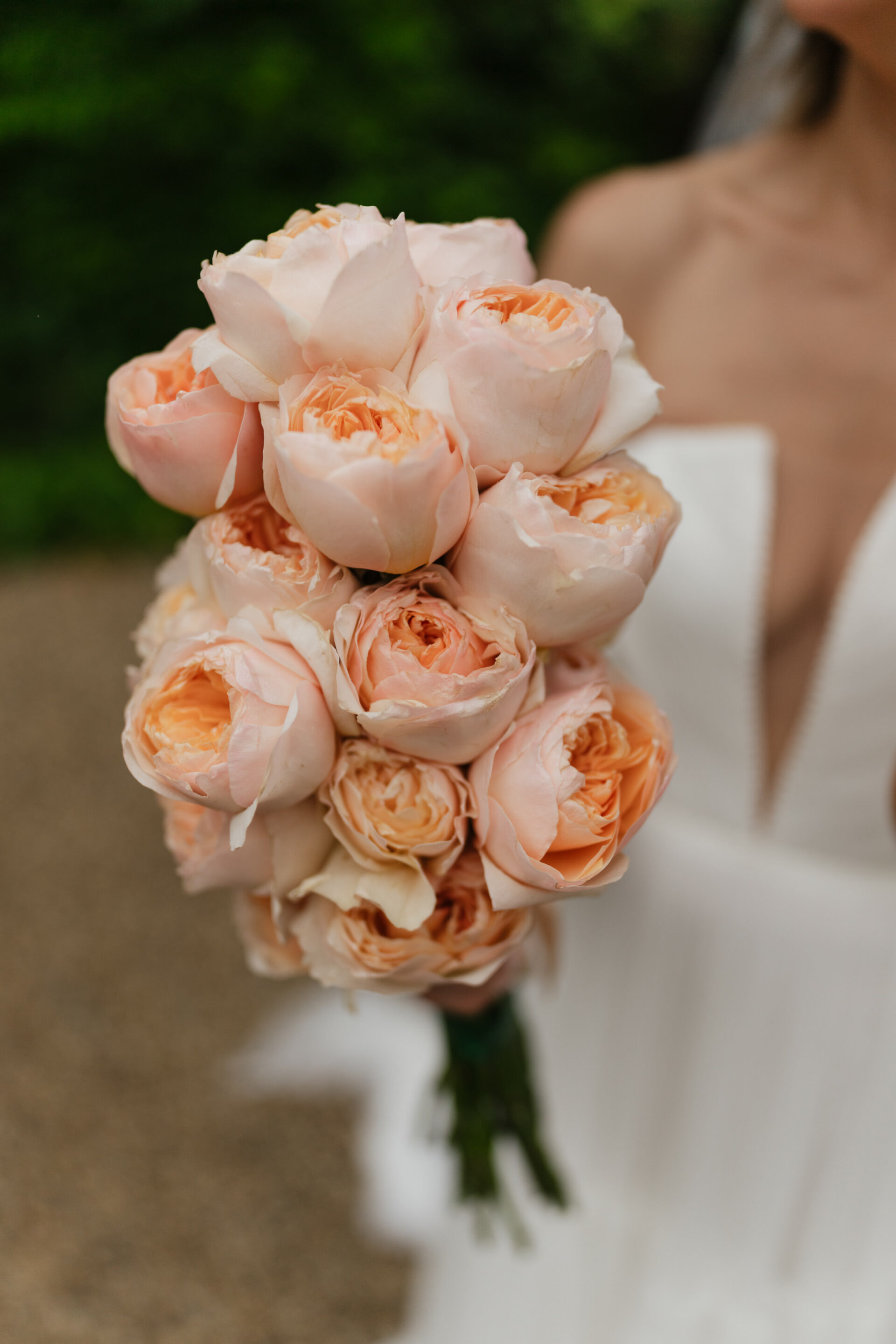 A person wearing a white dress is holding a bunch of peach-colored roses.
